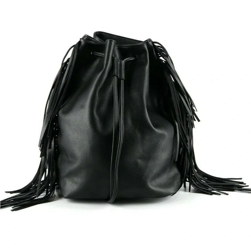 Victoria's Secret Black Leather‎ Style Backpack with Fringe Detailing 5231